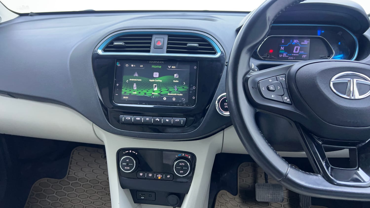 Used 2023 Tata Tiago EV XZ Plus Tech LUX Long Range Electric Automatic interior MUSIC SYSTEM & AC CONTROL VIEW